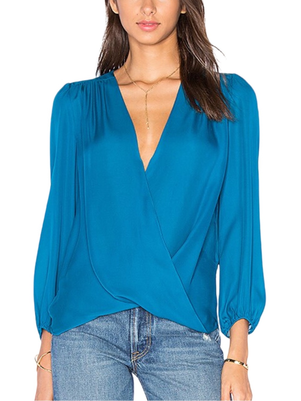 Alice + Olivia Arleene Drape Blouse Teal Blue Turquoise Medium Silk V Neck Shirt
